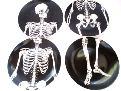 CIROA Wicked Halloween Skull Skeleton Porcelain Plates Dessert/Appetizers Set 4 