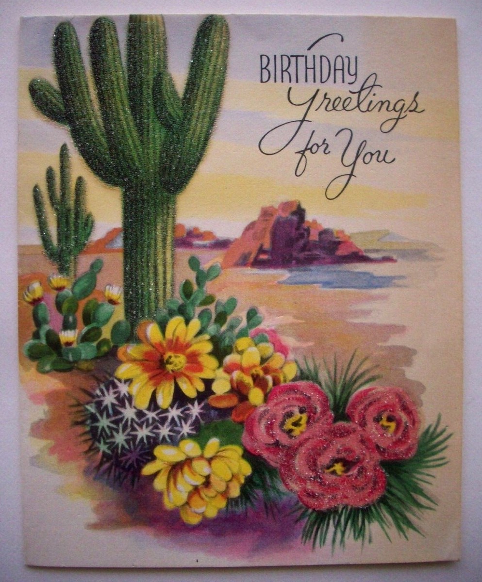 Beaded Desert Cactus vintage Birthday greeting card *J5