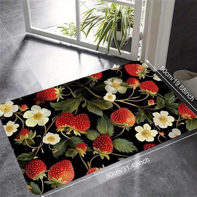 Offers a Flannel Mat Featuring a Black Background Adorned with Red Strawberrie