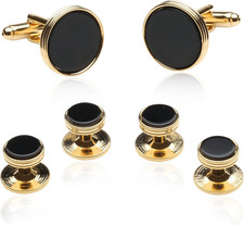 Black Onyx and Gold Tone Cufflinks and Studs with Presentation Idea Box - 5/8" C