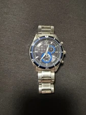 Citizen Chronograph Watch Silver Blue Metal Band Timepiece Authentic