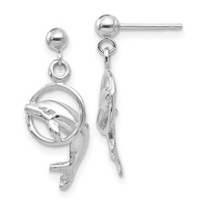 Dolphin  Hoop Dangle Post Earrings in 14k White Gold