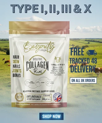BEYOUTY COLLAGEN TYPES 1, 2, 3 & X 500g Bovine Collagen Powder Pure Halal Hydrolysed Peptides UK