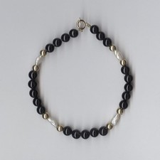 14K 4.55 Gram Solid Yellow Gold 7" Black Onyx Pearl Bead Strand Bracelet lh