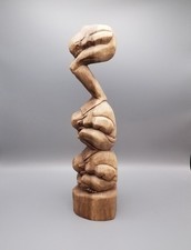 Large wooden yogi man weeping buddha triple figurine