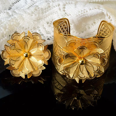 Luxury Gold Flower Cuff Bracelet & Statement Ring Set Women's Wedding Party