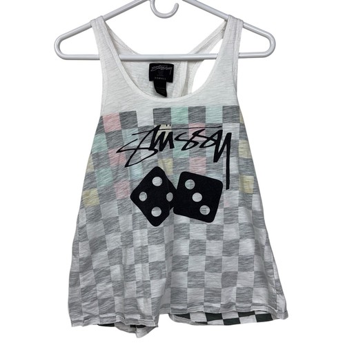 Stussy Shirt Women XS White Checkerboard Swing Racerback Tank Top Cotton Dices - Picture 1 of 6
