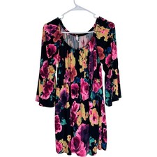 Cezanne Floral Tunic Dress Womens XL Black Pink Bell Sleeve Scoop Neck Stretch
