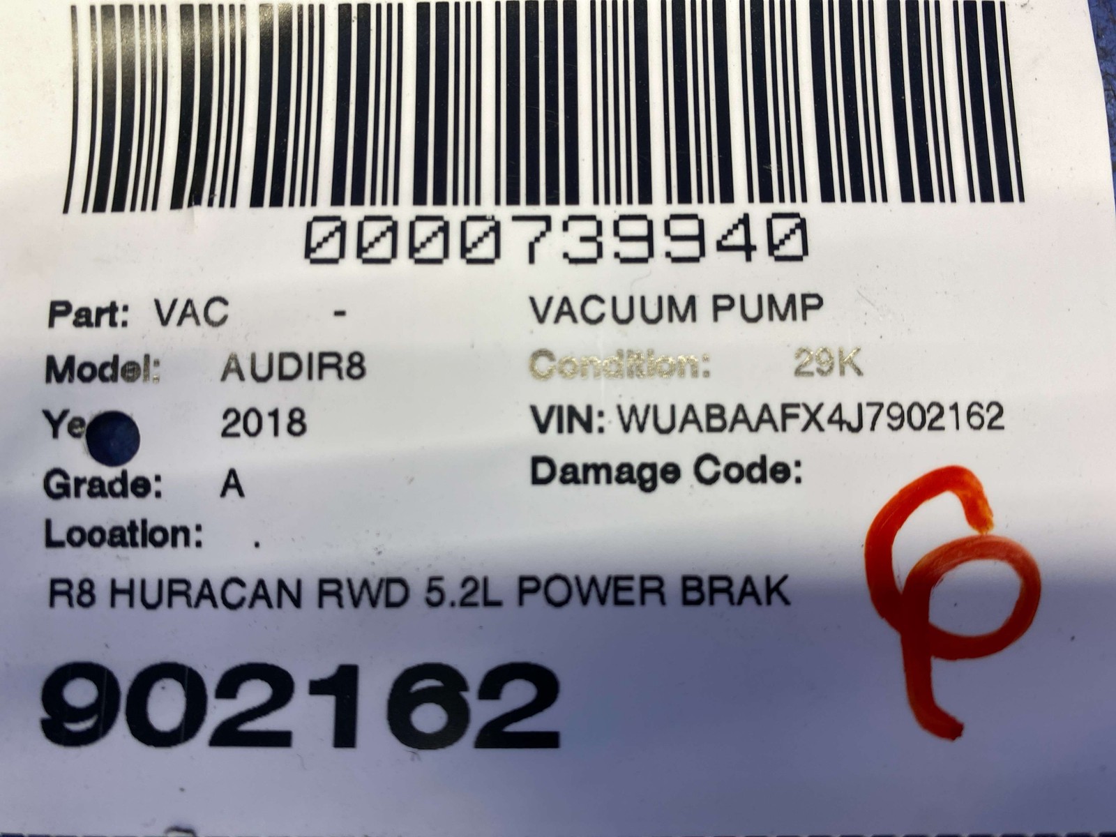 2017-2023 AUDI R8 V10 4S RWS RWD 5.2L POWER BRAKE BOOSTER VACUUM PUMP 8E0927317K