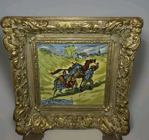 VTG Don Quixote Story Tile Ceramic Faience Ornate Frame UK Hand Painted MCM