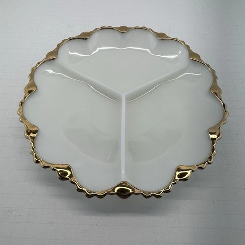 Vintage Anchor Hocking FIRE KING White Milk Glass Divided Relish Dish Gold Trim
