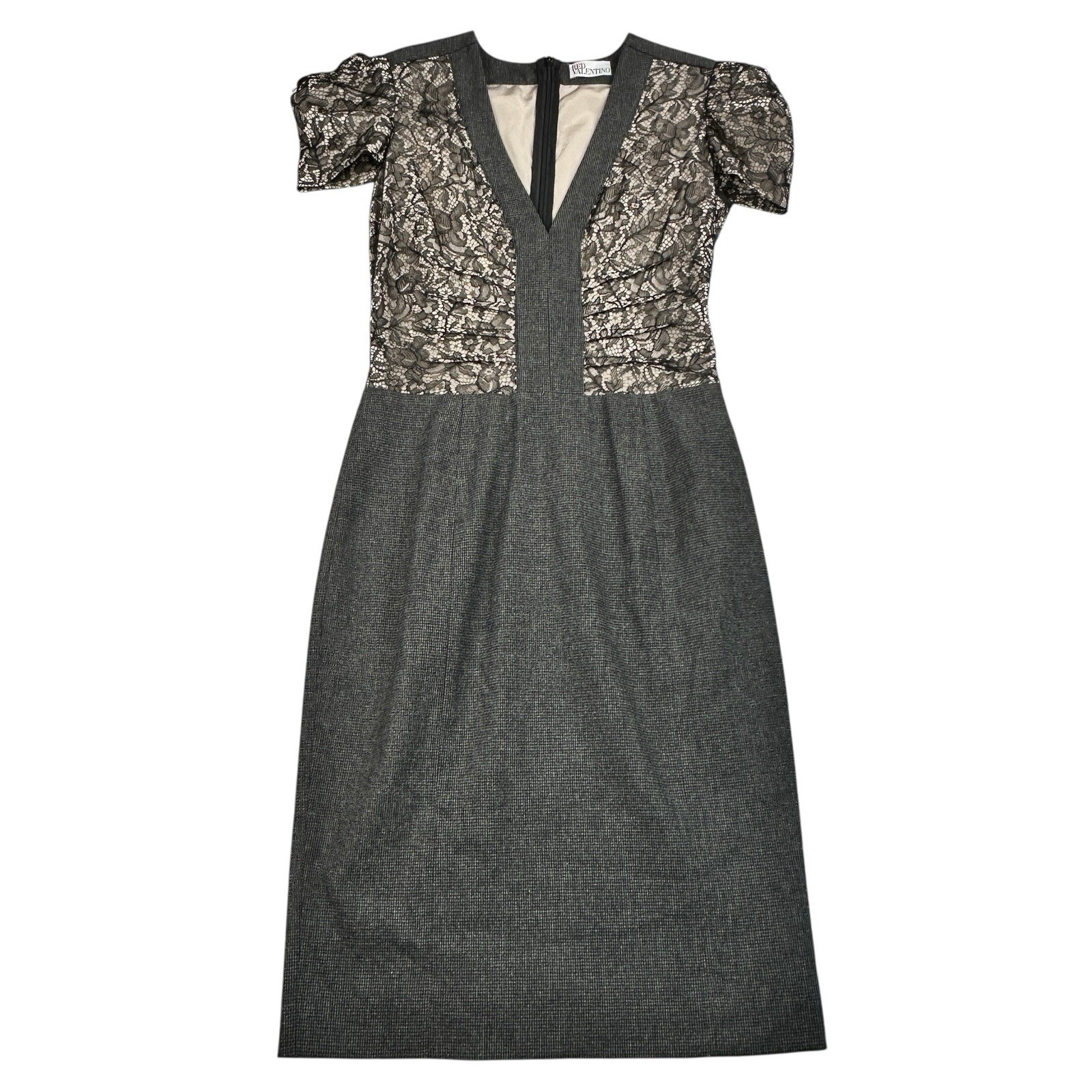 Red Valentino Gray Wool Houndstooth, Black Lace Midi Dress Size 40 Or US 8 - EUC