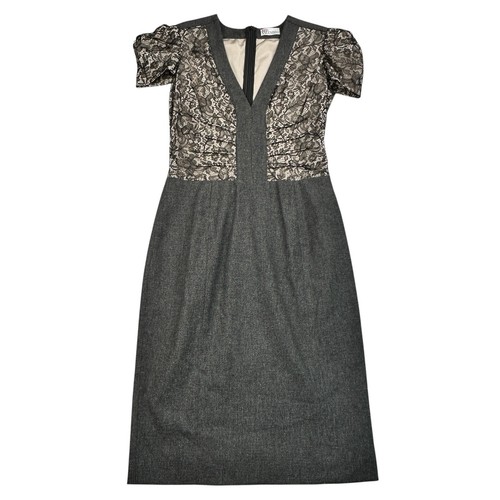 Red Valentino Gray Wool Houndstooth, Black Lace Midi Dress Size 40 Or US 8 - EUC