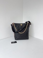 Auth Chanel Hobo Bucket Shoulder Bag Black Quilted Calfskin Gold‑Tone CC Logo