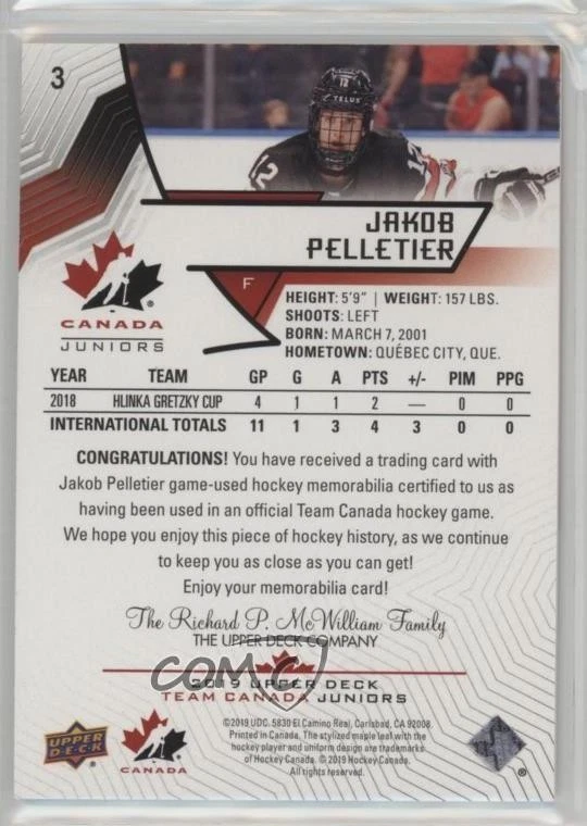 2019 Upper Deck Team Canada Juniors Jersey Jakob Pelletier #3 - Image 2 of 2