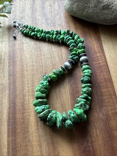 Sterling Silver Green Turquoise Nuggets W Pearls Bead Necklace. 18 Inch - Picture 9 of 12