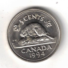 1994 Canadian Brilliant Uncirculated Elizabeth II Five Cent Coin!