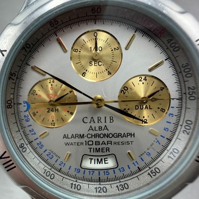 Seiko ALBA Carib Watch Men 36mm Silver Dial Steel Alarm Chrono