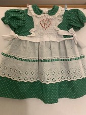 Vintage Polly Flinders Hand-smocked Size 12 Month Green Print White Dress