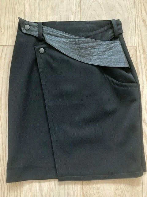 CATHERINE woman wool black pencil skirt leather trim size 38/ US 4 Made in Italy