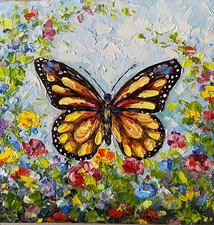 Original OIL Impasto PAINTING Monarch Butterfly Impressionism 6"x6"by Olga Diduh