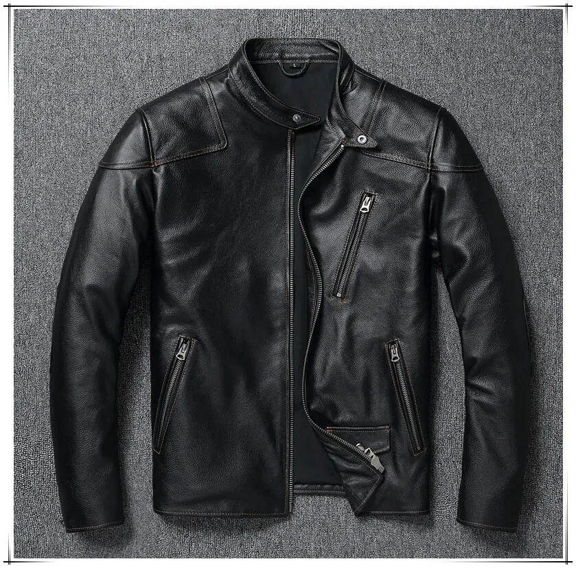 Genuine Cowhide Leather Biker Moto Jacket Mens Cafe Racer Black Motorcycle Coat