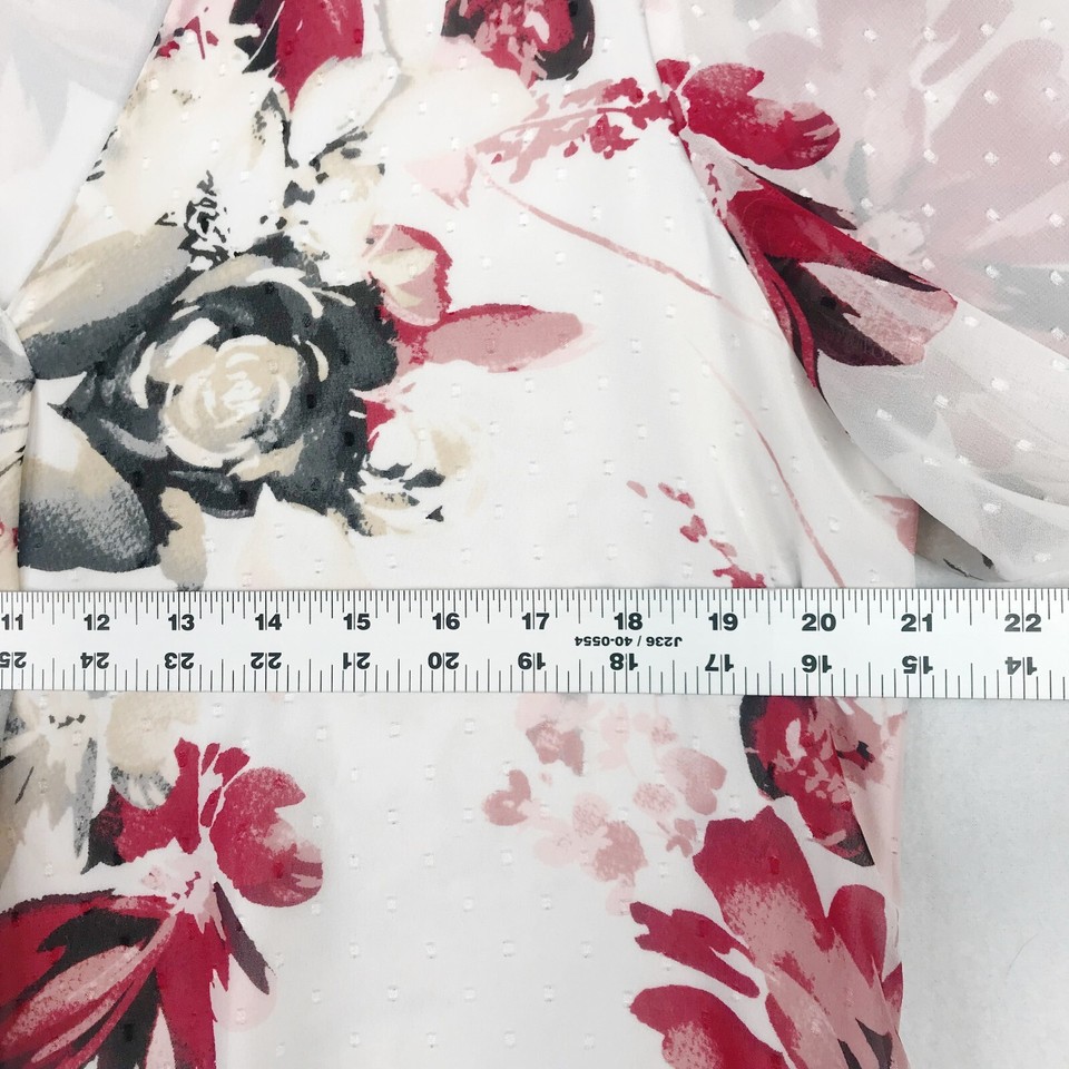 White House Black Market WHBM Top Womens 14 White Red Floral Swiss Dot