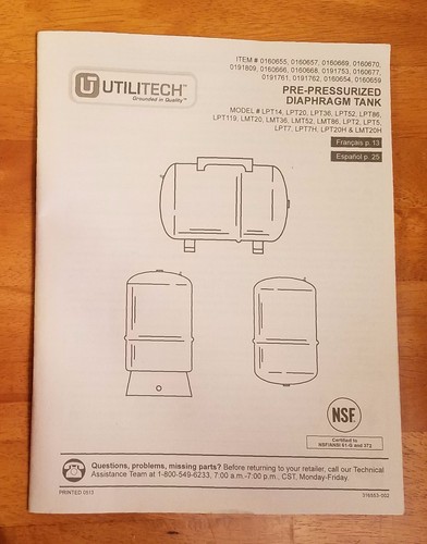 Utilitech Pre-Pressurized Diaphragm Tank Owner's Manual LPT14/20/36/52/86/119/7H