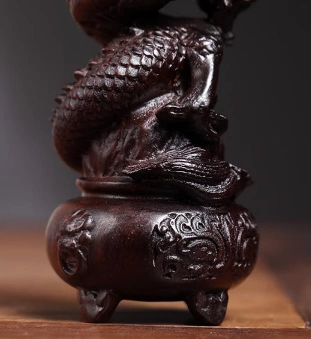 Estátua tigela tesouro contas dragão madeira sândalo vermelho folha porcelana 5" Fegnshui - Imagem 3 de 4