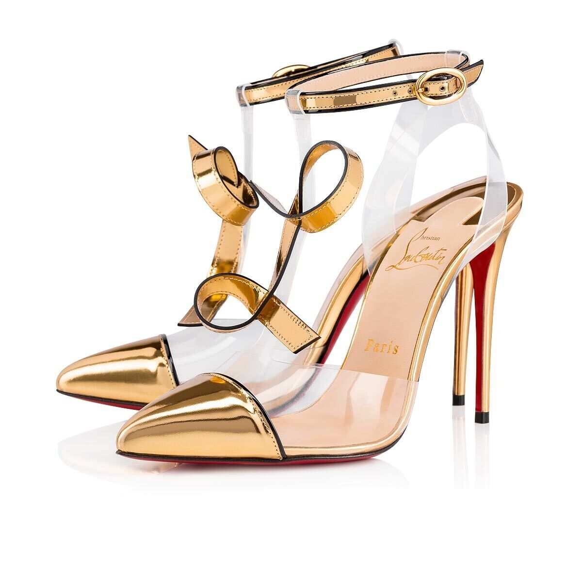 Christian Louboutin Alta Firma 100 Gold PVC T Strap Ankle Heel