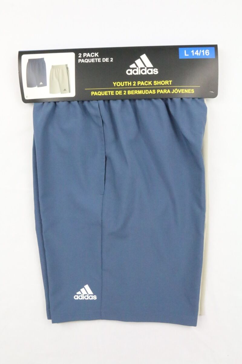 Adidas Youth 2-pack Short Blue Beige 3 Stripes Size L 14-16 Adidas Youth 2-pack Short Blue Beige 3 Stripes Size L 14-16