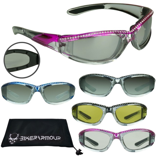 Womens Motorcycle Riding Biker Sunglasses RHINESTONES Chrome Biker