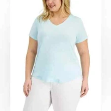 Style & Co Burnout V-Neck Tee, Mist Teal 3X