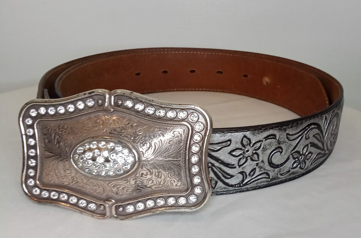 Justin Boots Ladies Belt Western Silver Black Rhinestone Buckle Size 34 Rhinestone Faux Leather Belt Men & Women Western Cowgirl  main image 2