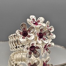 Flower Stretch Ring Silver Tone Cluster Floral Hot Pink Rhinestone Statement