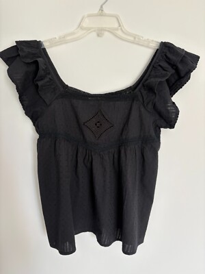 Andy & Lucy Womens Sz M Top Black Babydoll Ruffle Sleeves Gathered Milkmaid