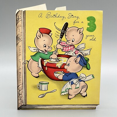 MCM 40s FOLD OUT BOOK 3 LITTLE PIGGIES CAKE 3rd Year Old BIRTHDAY GREETING CARD