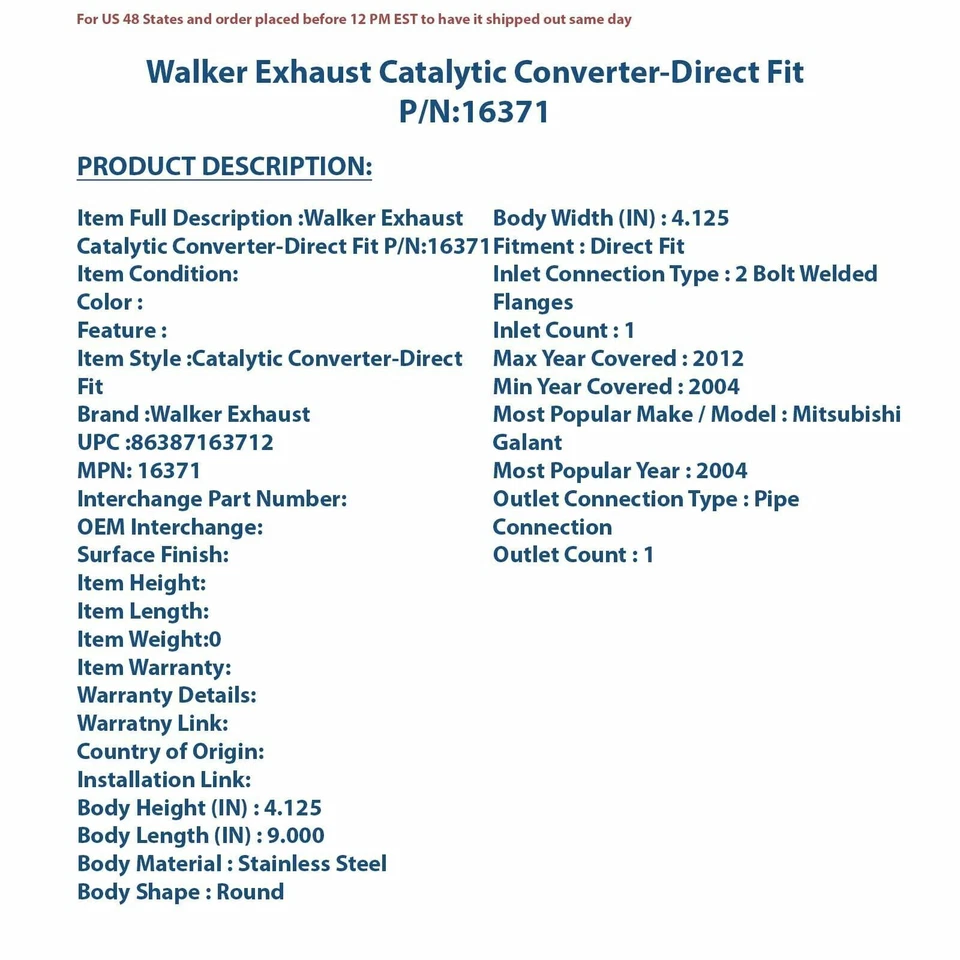 Convertidor catalítico de escape Walker - ajuste directo 16371 Foto 4 de 4
