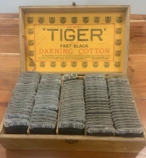 Vintage Tiger Fast Black Darning Cotton General Store Wood Display Box-Nos-Sew