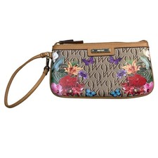 Nine West Wristlet Signature Flower Card Sleeves Brown Faux Leather Zip Closer