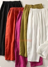 Women's Linen Cotton Straight Leg Breathable Pants Pockets Summer Trousers New