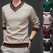 Mens Winter Business V Neck Knit Sweater Fleece Lined Pullover Long Sleeve Top