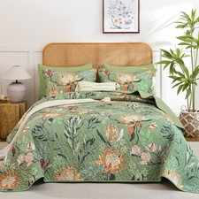 Dintszyayue Quilt Queen Size Green, 3 Pcs Boho Floral Bedspread Bedding Set Re