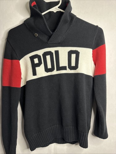 Polo by Ralph Lauren Boys' Black Red Striped Sweater Size L (14-16) Cotton Knit - Picture 1 of 5