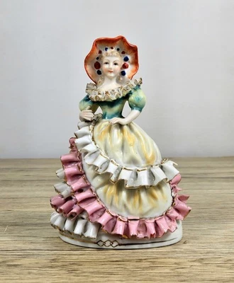 Vintage Porcelain Lace Figurine Crinoline Dress Lady Bonnet Gilt Dresden 1950s - Image 1 of 4