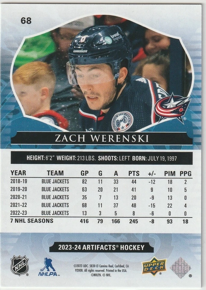 2023-24 Upper Deck Artifacts - Zach Werenski #68 Copper 218/299 Blue Jackets - Image 2 of 2