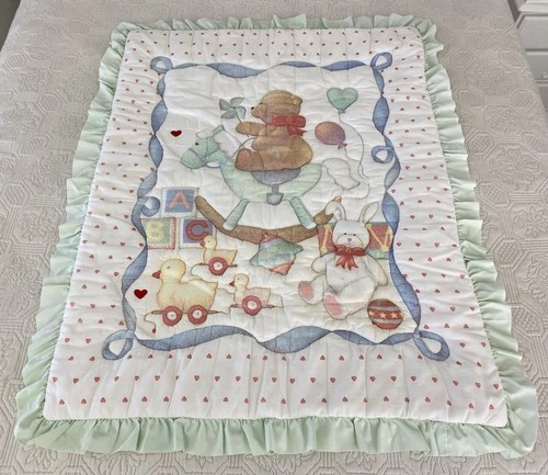 Vintage Baby Cot Crib Quilt 100cm x 90cm Colourful Rocking Horse Teddy Toys
