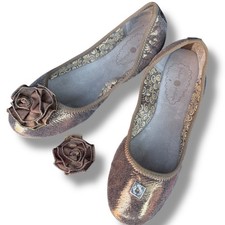 NIB Lindsay Phillips LIZ Metallic Bronze Leather Ballet Flats Rose Snaps Size 8M