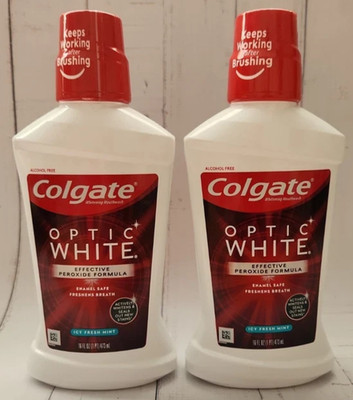 Lot of 2 Colgate Optic White Whitening Peroxide Mouthwash Icy Fresh Mint 16 floz