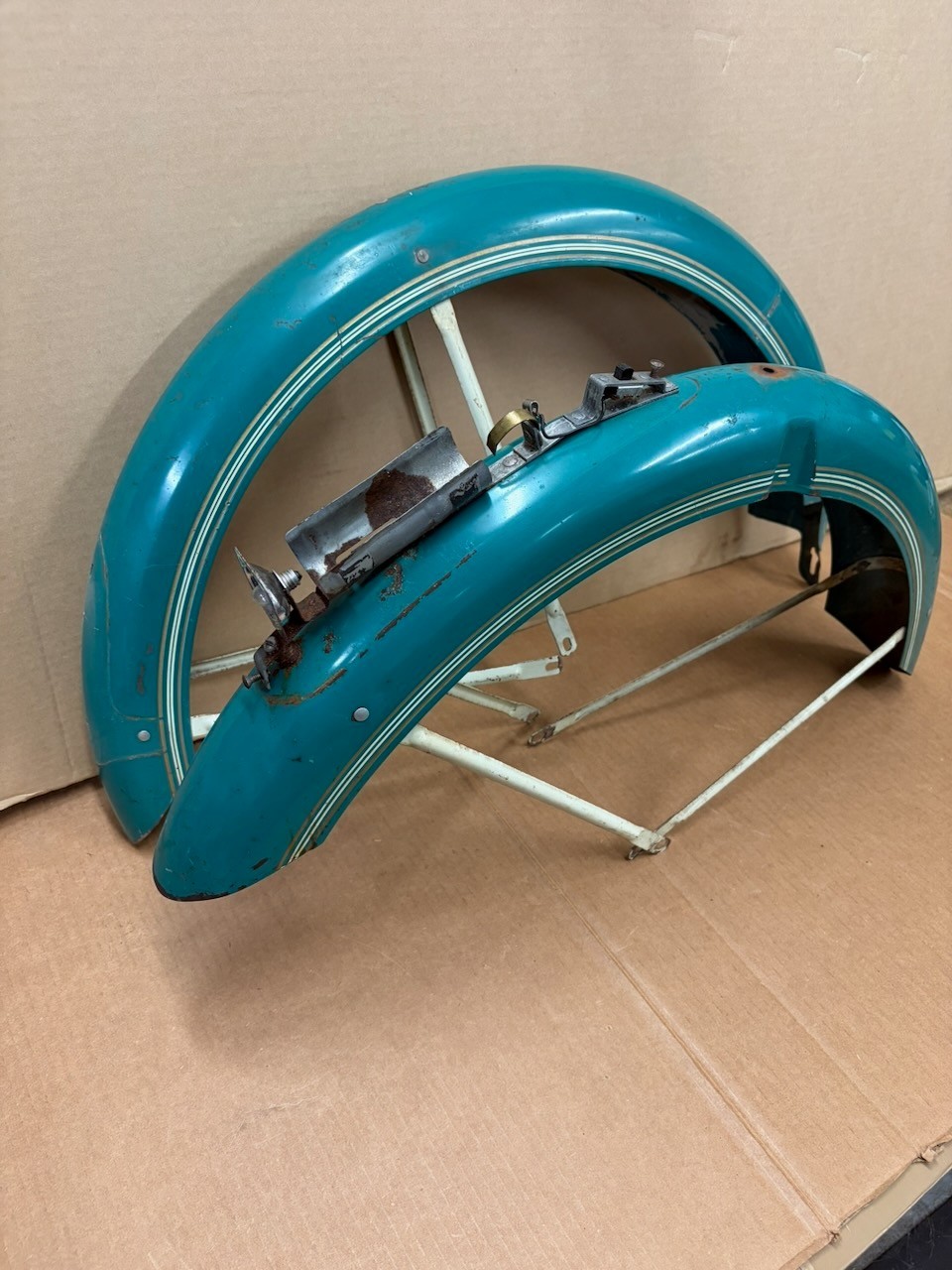 (Used) Monark Super Deluxe Firestone Cruiser 26" Bicycle Blue Fender Set & light Tray (250.00 USD) (Used) Monark Super Deluxe Firestone Cruiser 26" Bicycle Blue Fender Set & light Tray (250.00 USD)